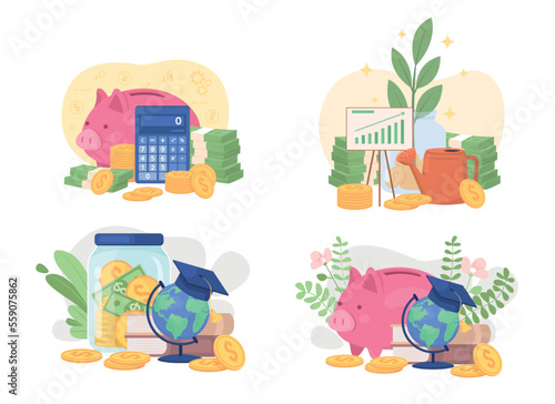 Personal savings flat concept vector illustration set. Family budget. Editable 2D cartoon elements on white for web design. Financial goal creative idea pack for website, mobile, presentation