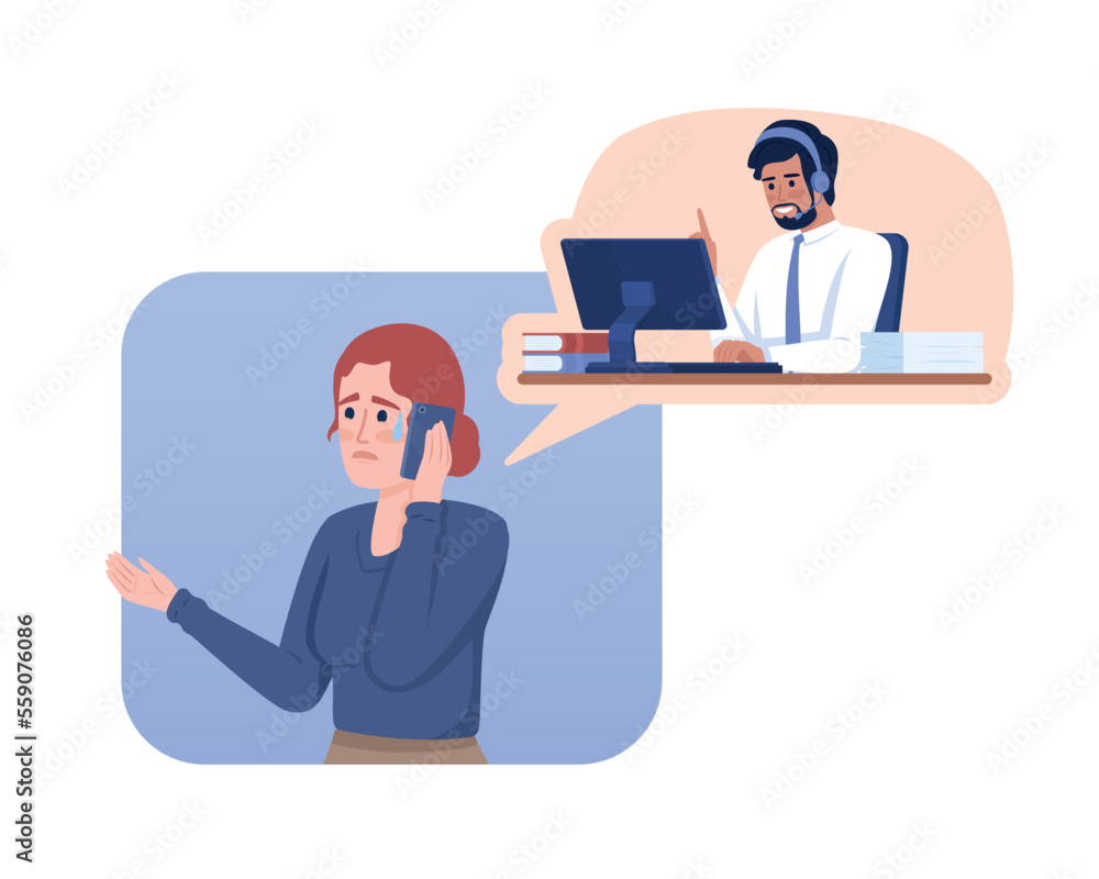 Handling crying customer 2D vector isolated illustration. Sobbing female client and polite operator flat characters on cartoon background. Colorful editable scene for mobile, website, presentation Handling crying customer 2D vector isolated illustration. Sobbing female client and polite operator flat characters on cartoon background. Colorful editable scene for mobile, website, presentation