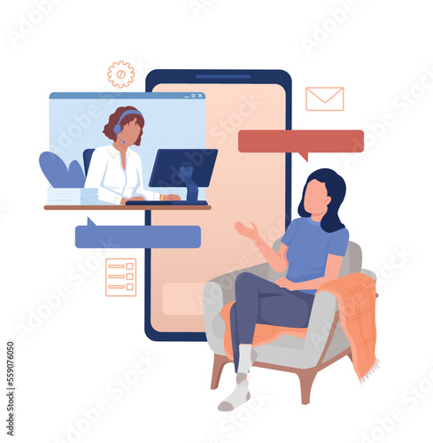 Conducting phone survey 2D vector isolated illustration. Female client asking about product details flat characters on cartoon background. Colorful editable scene for mobile, website, presentation