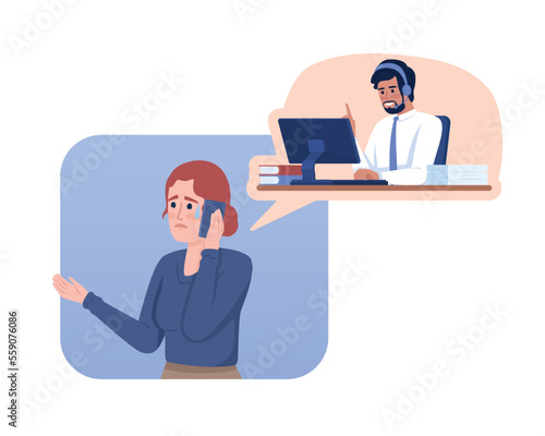Handling crying customer 2D vector isolated illustration. Sobbing female client and polite operator flat characters on cartoon background. Colorful editable scene for mobile, website, presentation