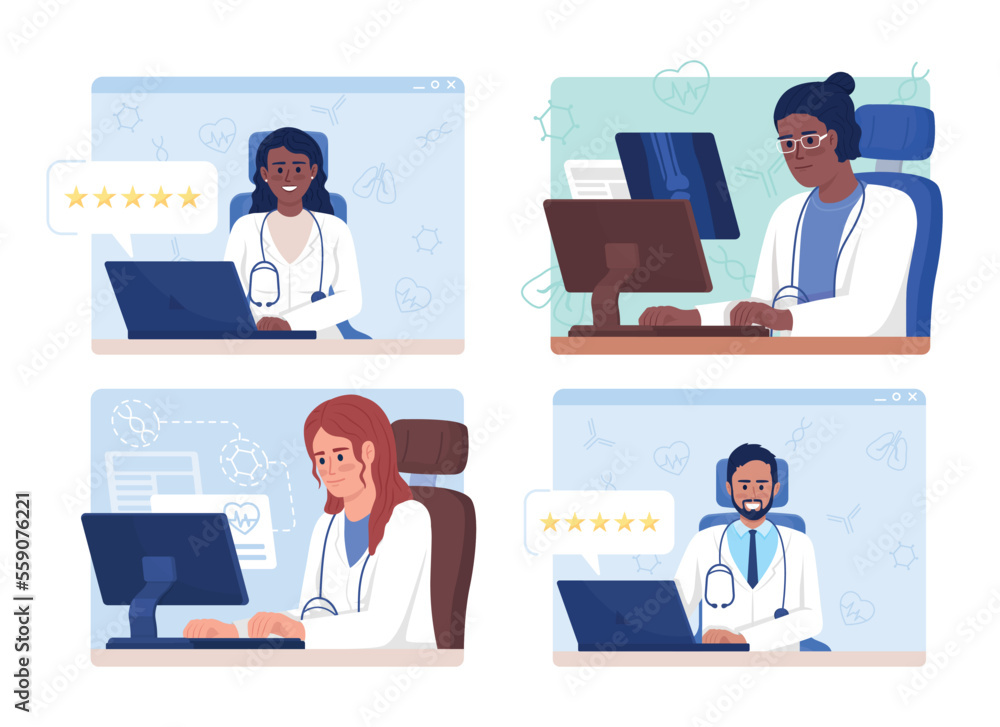 Fototapeta premium Doctor reviews flat concept vector illustration set. IoT in medicine. Editable 2D cartoon characters on white for web design. Online consultation creative idea for website, mobile, presentation