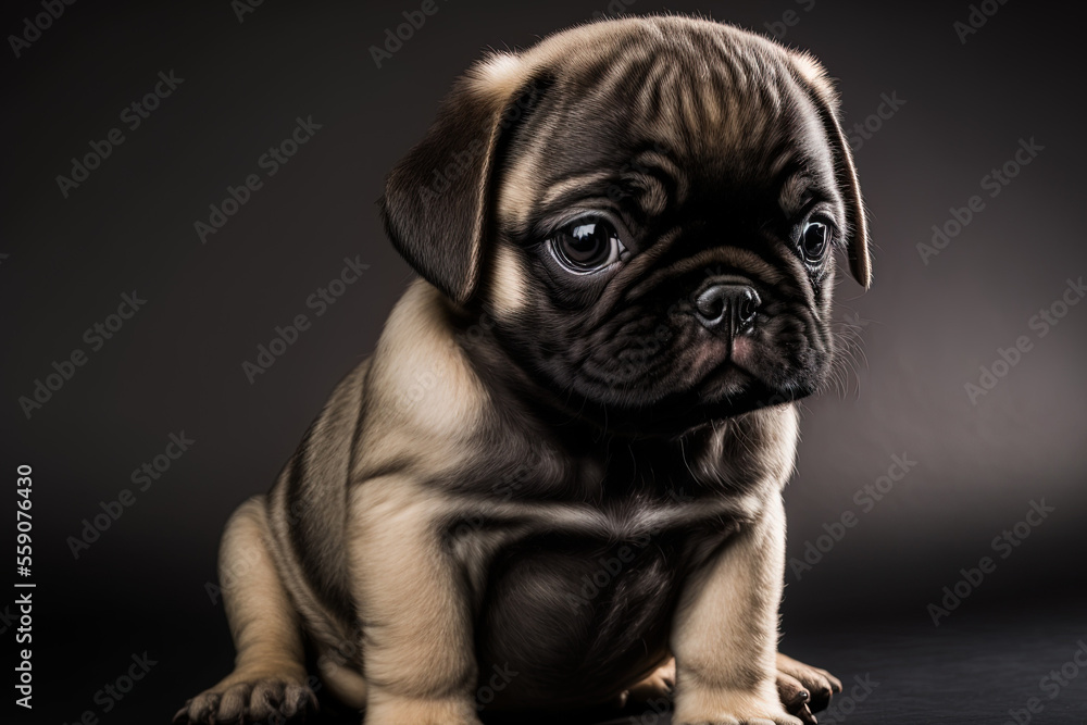 A adorable puppy is shown in a studio. Pug breed. Generative AI