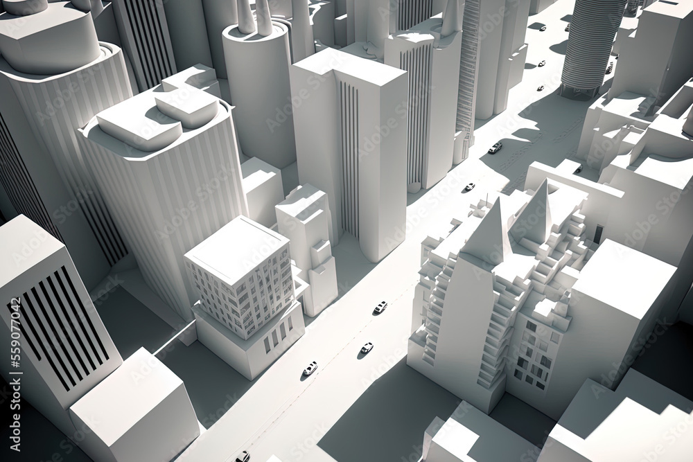 Obraz premium View from above of an abstract contemporary city's central business district that resembles a white architectural model with skyscrapers. Urban planning idea I came up with. Generative AI