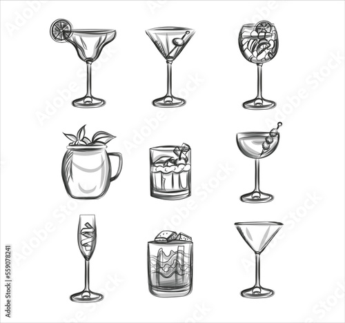 Hand-drawn sketch set of drinks in cocktail glasses.Cocktail drink in a highball glass. 