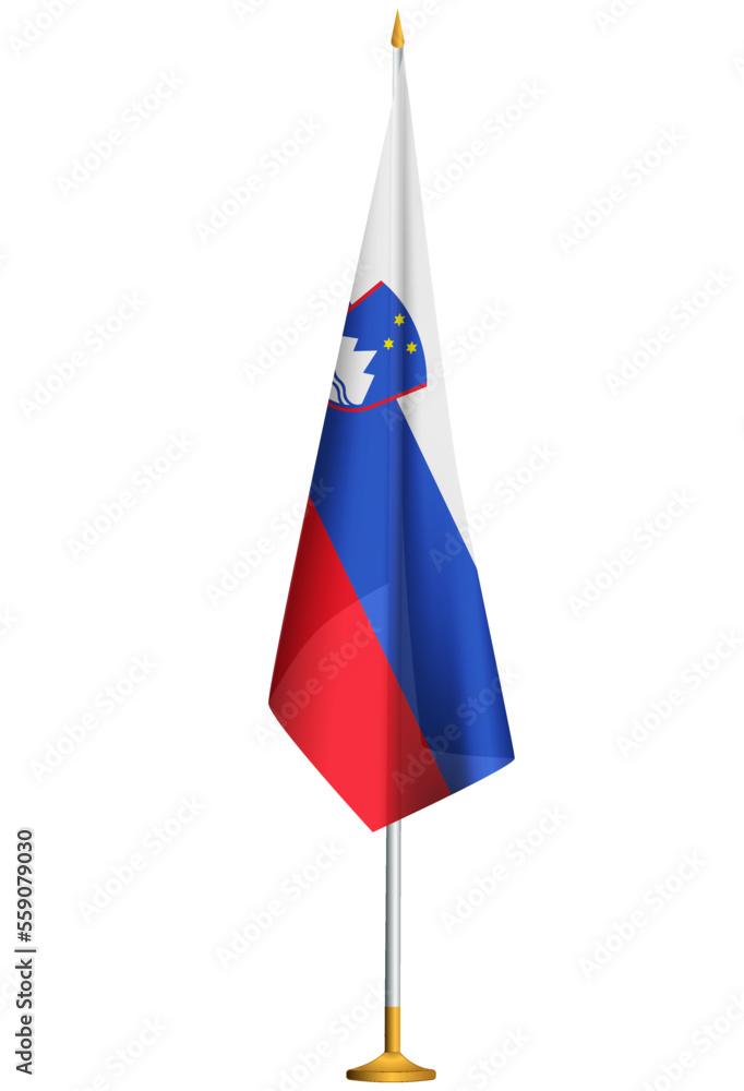 Isolated small national flag of Slovenia vector with golden flagpole.Standing miniature flag of Slovenia Isolated small national flag of Slovenia vector with golden flagpole.Standing miniature flag of Slovenia