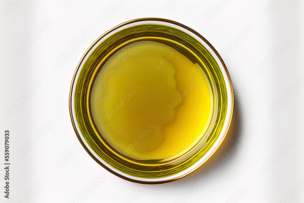 Olive oil bowl with top view, isolated on white. Generative AI Olive oil bowl with top view, isolated on white. Generative AI