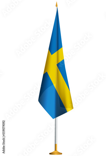 Isolated small national flag of Sweden vector with golden flagpole.Standing miniature flag of Sweden