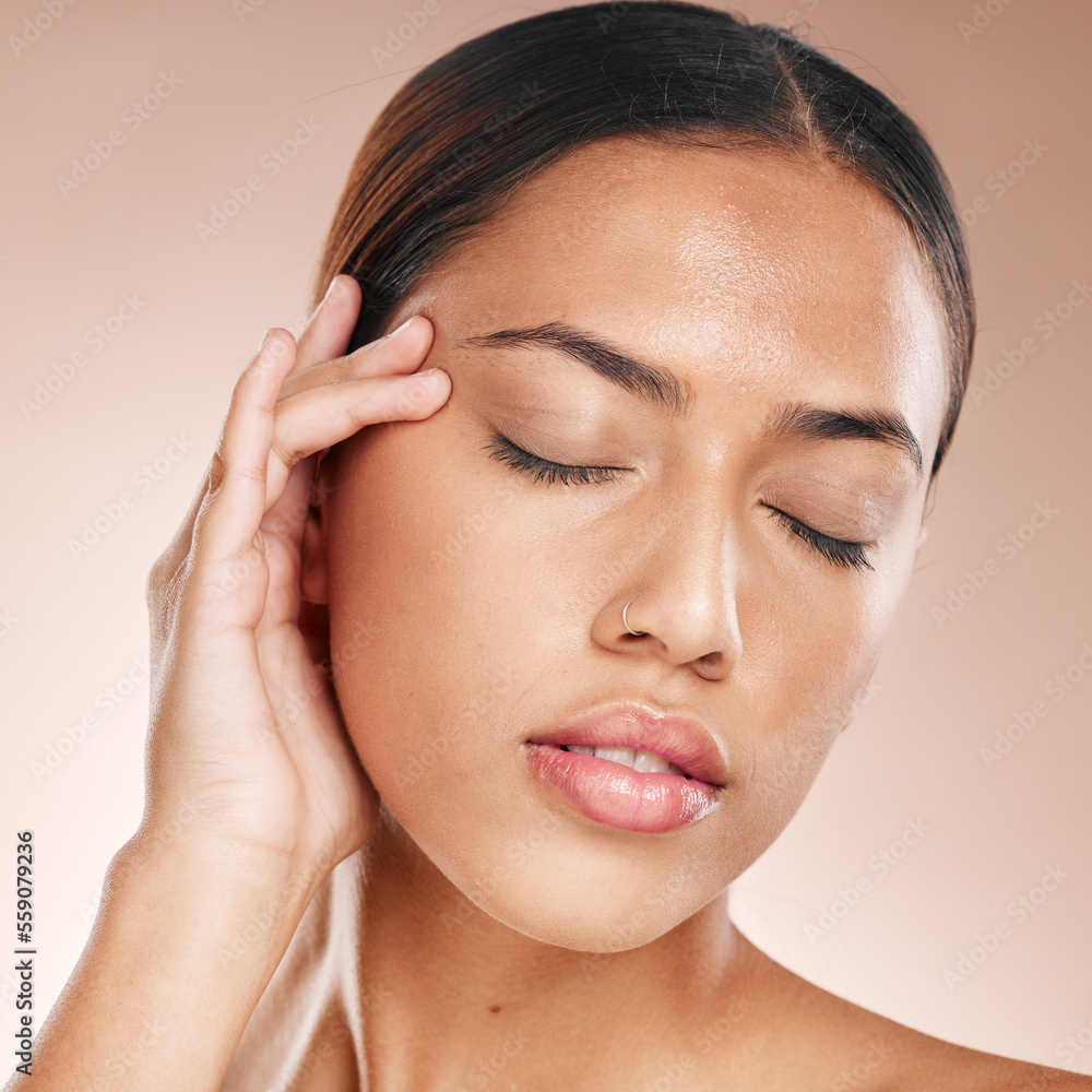 Skincare, beauty and relax, woman with eyes closed, anti ageing acupressure and hand on face on studio background. Makeup, glamour and luxury skin care with hands on natural spa detox facial massage. Skincare, beauty and relax, woman with eyes closed, anti ageing acupressure and hand on face on studio background. Makeup, glamour and luxury skin care with hands on natural spa detox facial massage.