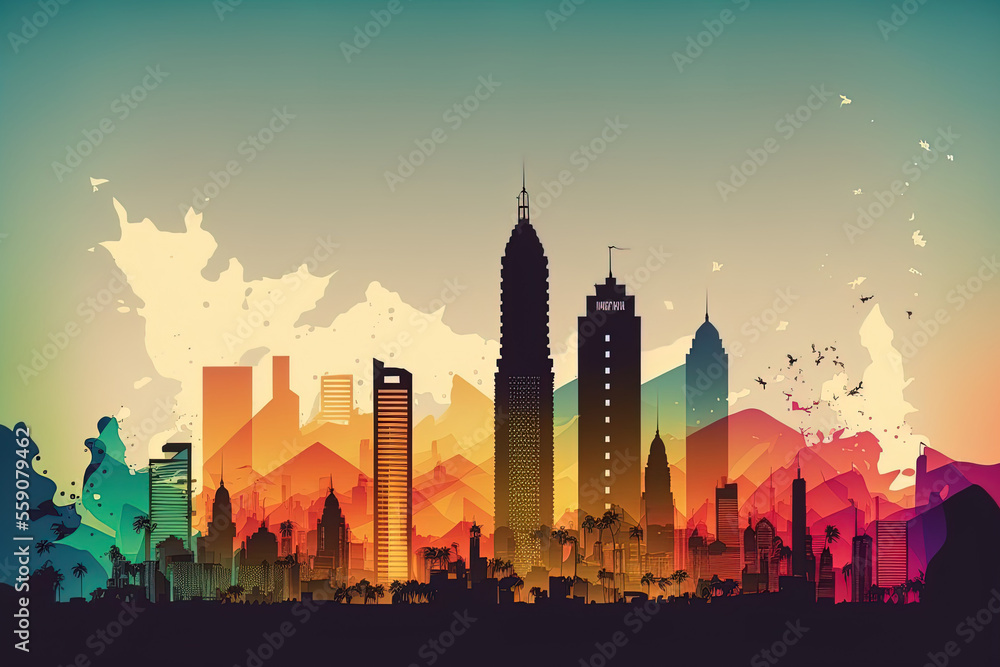 Kaohsiung, Taiwan, skyline silhouette with panorama in the backdrop, illustrative artwork for a banner or website with a business trip and tourist idea with contemporary skyscrapers. Generative AI