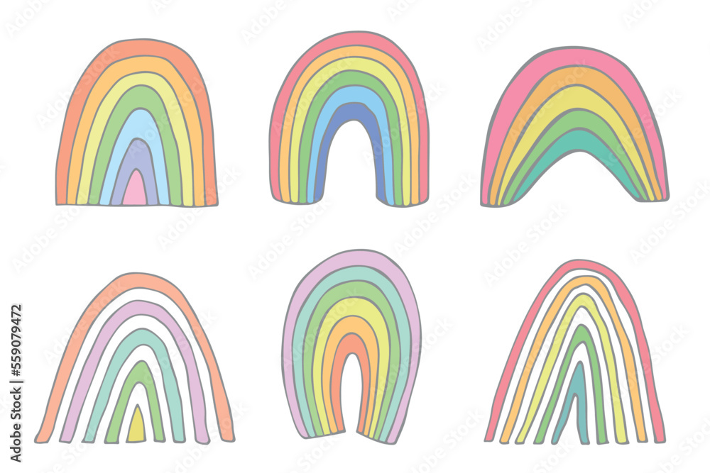 Obraz premium Hand drawn pastel rainbow set. Decorative elements for greeting card, kids and baby clothes print