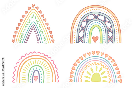 Hand drawn pastel rainbow set. Decorative elements for greeting card, kids and baby clothes print