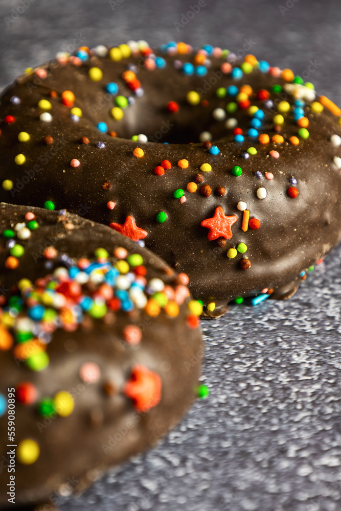 Chocolate donuts with glaze selective focus