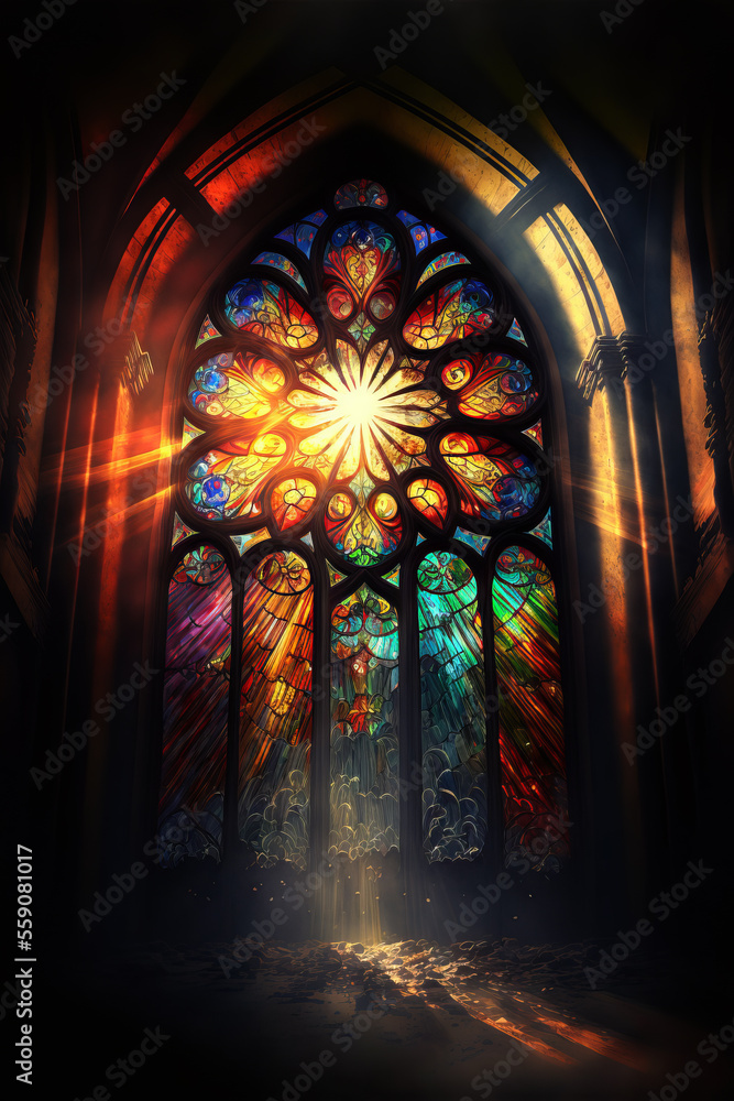 Colorful stained glass window of a church with rays emanating from it