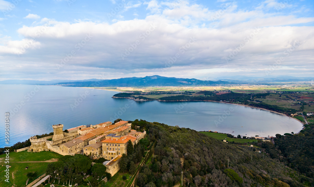 Panoramic view of the Etruscan city of Populonia and the gulf of Baratti Tuscany Italy