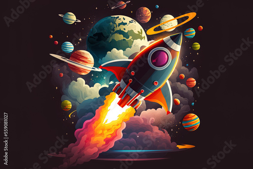 Illustration of a space rocket spacecraft going across the universe with planets and stars. Generative AI