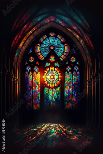 Colorful stained glass window of a church with rays emanating from it