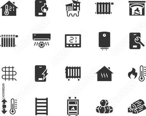 Vector set of house heating flat icons. Contains icons boiler, heat supply, radiator, heater, underfloor heating, heated towel rail, solid fuel boiler, firewood, coal and more. Pixel perfect.