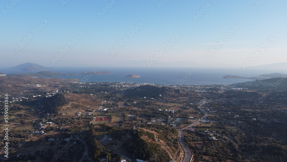 Landscape View Bodrum, aerial view. Road and behind sea. Blue sky.