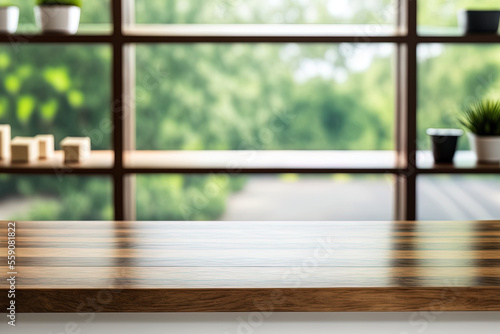 Empty wooden table with blurred glass wall background as window room interior decorating background, suitable for product montage presentation. Generative AI