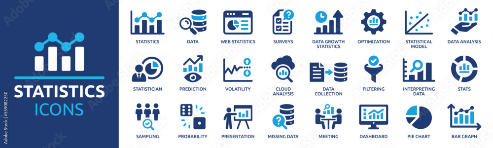 Statistics icon set. Containing data, web statistics, survey, prediction, presentation, cloud analysis and pie chart icons. Solid icon collection. - obrazy, fototapety, plakaty 