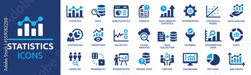 Statistics icon set. Containing data, web statistics, survey, prediction, presentation, cloud analysis and pie chart icons. Solid icon collection. photo