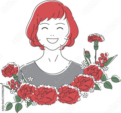 母の日のフレーム｜カーネーションの花とミディアムヘアの母