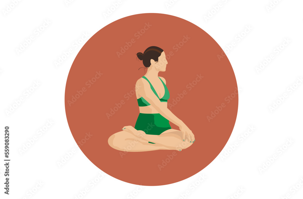 Faceless woman in green suit doing yoga in red circle Faceless woman in green suit doing yoga in red circle