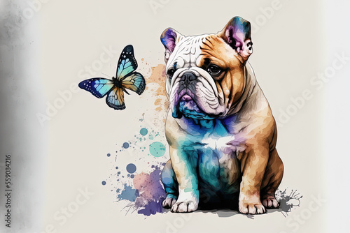 Bulldog. Wall decal. On a white backdrop, paint a watercolor style image of a bulldog puppy holding a butterfly in the foreground. distinct layer electronic art. Generative AI photo