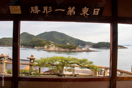 Fukuyama Japan 5th Dec 2022: The  view of Benten Island from Taichiro Fukuzenji Temple in Tomonoura. A small island in the Seto Inland Sea.  photo