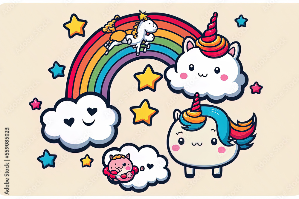 Obraz premium Cartoon image of a cute unicorn flying over a cloud with a star and rainbow. Generative AI