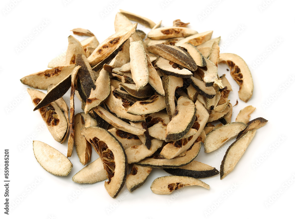 Dried bitter orange used in chinese herbal medicine isolated over white background. Zhi Ke, Fructus citri Aurantii. White background Dried bitter orange used in chinese herbal medicine isolated over white background. Zhi Ke, Fructus citri Aurantii. White background