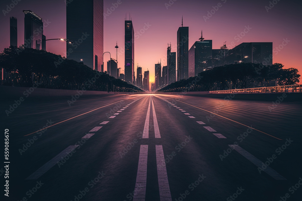 After sunset in the evening, a city far from the highway. Generative AI