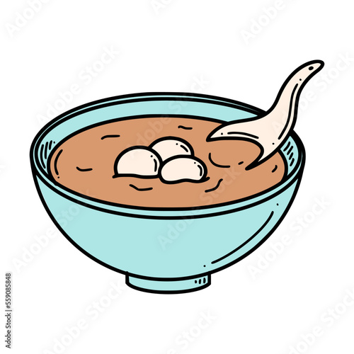 Sweet dumpling soup Tang yuan vector illustration. Chinese New year dessert tangyuan in doodle style.