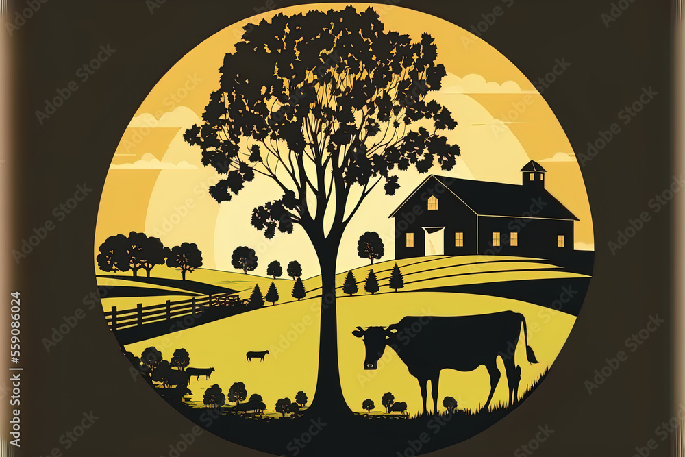 graphic of a farm. Farm animals, a rural setting, and design elements ...