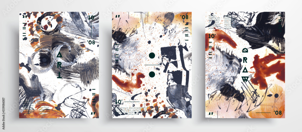 Fototapeta premium Abstract vector poster, set of modern design art covers. Contemporary expressionism with brushstrokes of paint, stains and pencil strokes. Can be used as background, wall print or poster.