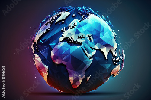 Illustration of a world globe with an abstract polygonal planet  low poly design  global network connection  blue futuristic backdrop  and internet and technology. Generative AI