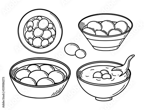 Tang yuan translation from Chinese Sweet dumpling soup vector illustration. Chinese New year dessert tangyuan in doodle style.