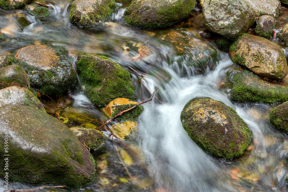 Mountain stream with stones with clear water