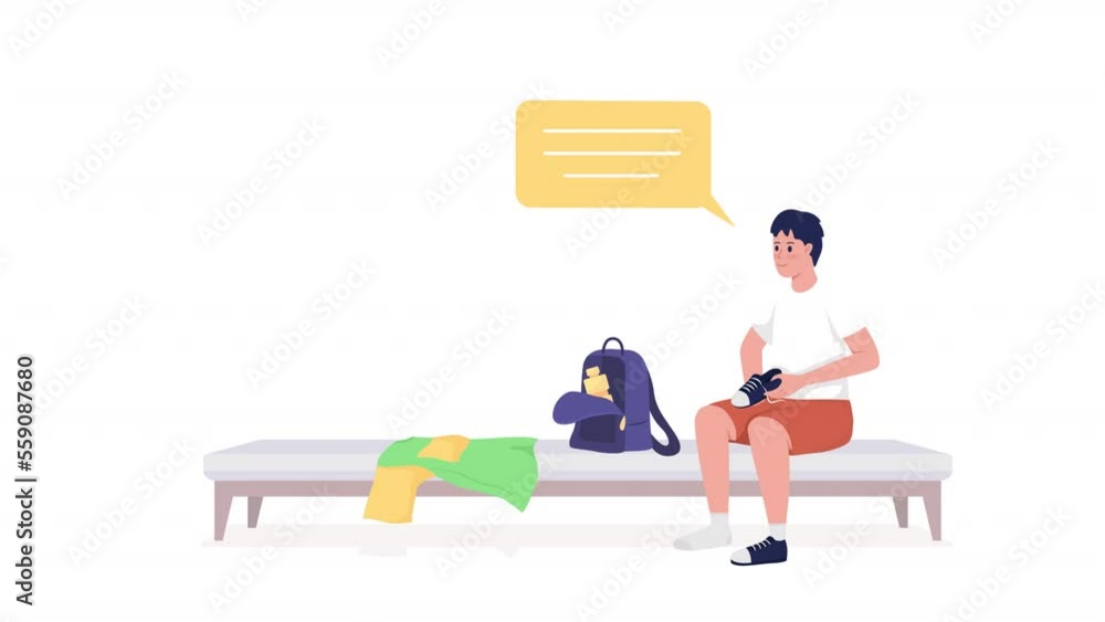 Animated boy changing shoes. PE class. Locker room. Full body flat person on white background with alpha channel transparency. Colorful cartoon style HD video footage of character for animation Animated boy changing shoes. PE class. Locker room. Full body flat person on white background with alpha channel transparency. Colorful cartoon style HD video footage of character for animation