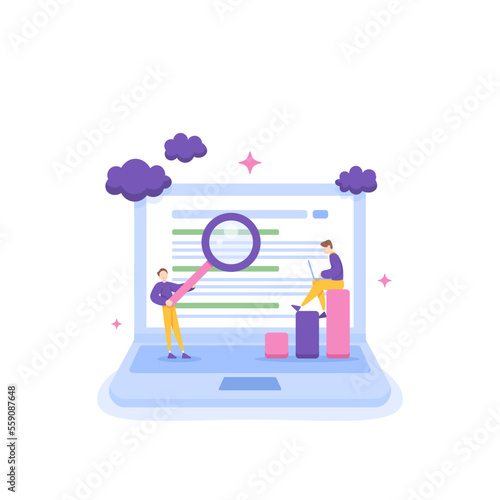SEO rankings. search engine optimization to improve search result position to be on top and make more traffic to websites. marketing team or SEO specialist. illustration concept design. graphic.