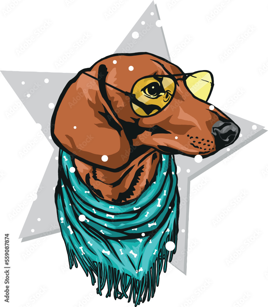 custom made wallpaper toronto digitaldachshund dog in yellow glasses and a green scarf under the snow on the background of a gray star