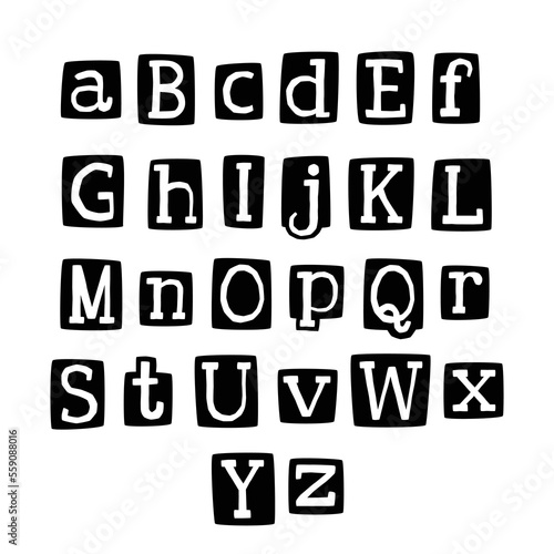 Old vintage style anonymous black and white alphabet. Paper cut out from magazine maniac note.