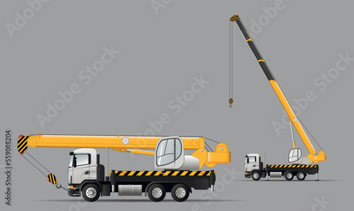 A set of vector images of a crane on a car chassis in transport and working position.