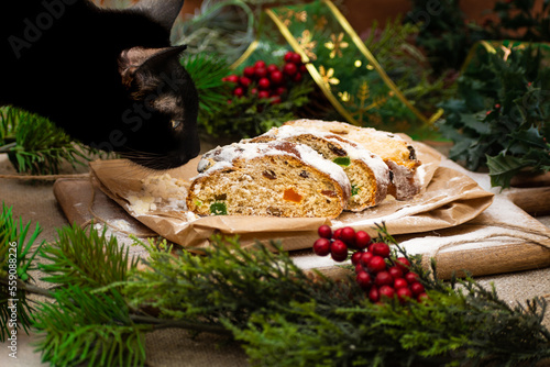 Christmas stollen and black cat. Sliced stollen on paper. Selective focus, shallow depth of field photo