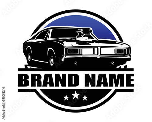 1970 dodge supercharger car logo isolated on white background showing from front with amazing sunset view. best for the car industry. available in eps 10.