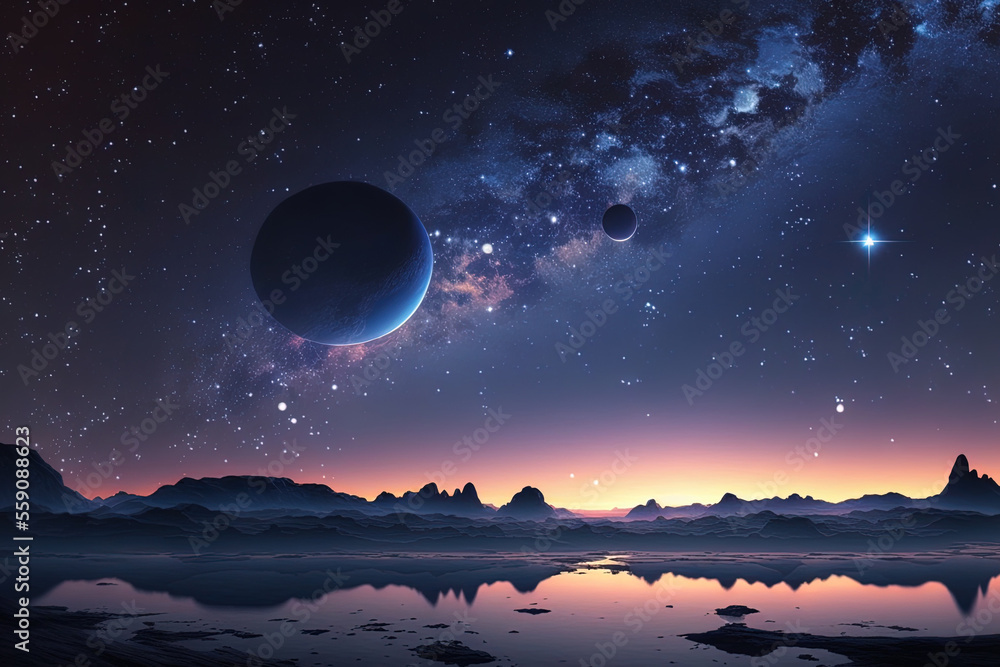 dawn and a starry sky as a planet orbits. Generative AI
