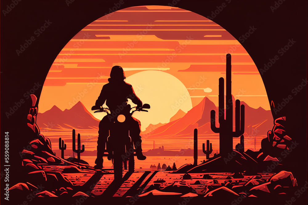 Naklejka premium Motorcyclist on motorcycle in desert. Silhouette.