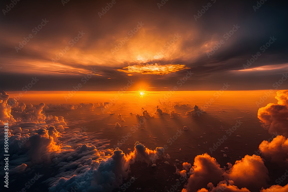 Stunning sunset with a clouded sky from above. An aerial view of the clouds. Generative AI