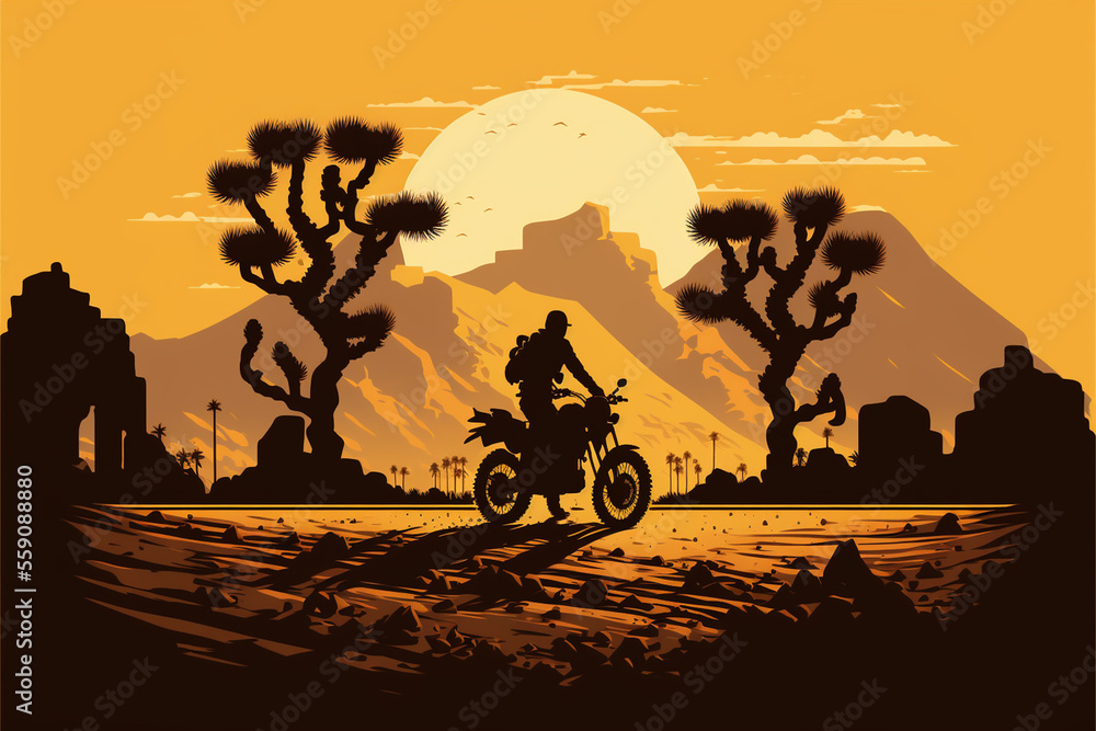 Silhouette of motorcyclist in desert. Romantic desert.