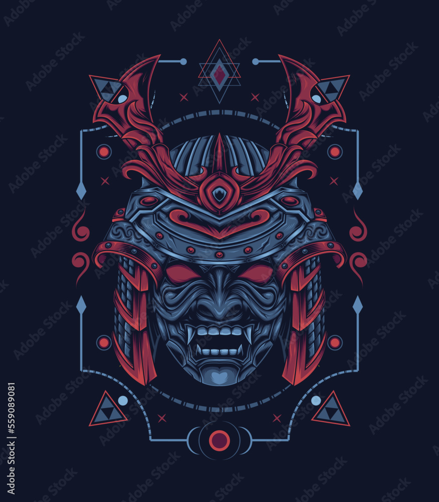 Samurai head on the sacred geometry background